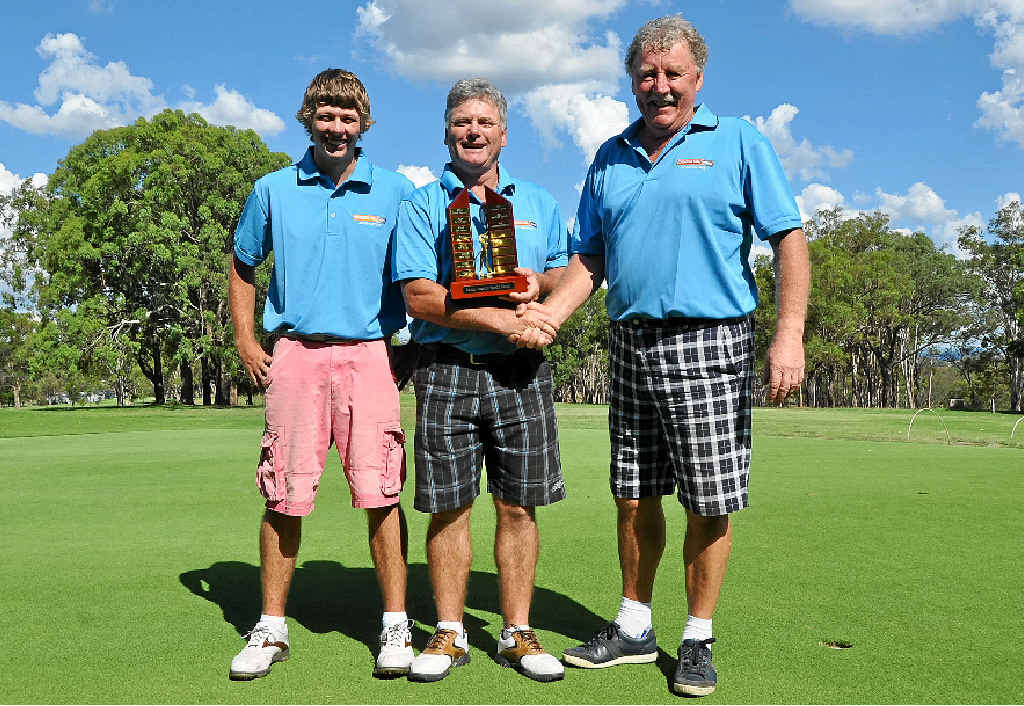Third-placed Jay Roberts looks on as winner of the Men’s shootout at the Warwick Golf Club Amon Cockram is congratulated by second-placed Garry Adcock. Third-placed Jay Roberts looks on as winner of the Men’s shootout at the Warwick Golf Club Amon Cockram is congratulated by second-placed Garry Adcock.